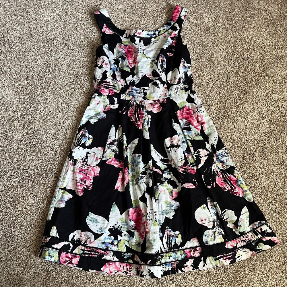 WHBM Dress Womens 6 Black Floral Cotton Stretch Lined Fit & Flare A-Line Pockets - Picture 1 of 8